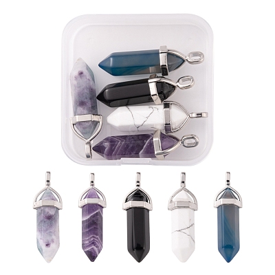 5Pcs 5 Style Natural Mixed Gemstone Pointed Pendants G-FS0001-31-1