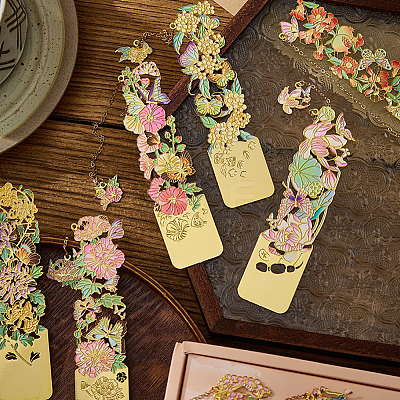 4Pcs 4 Styles Brass & Iron Enamel Bookmarks with Chain AJEW-SP0002-23C-1