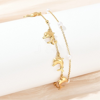 304 Stainless Steel with Acrylic Bead Double Layer Dolphin Charm Anklets for Women AJEW-G069-01G-1
