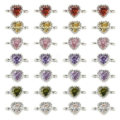 28Pcs 7 Colors Brass Pave Cubic Zirconia Heart Links Connector Charms KK-TA0003-47-1