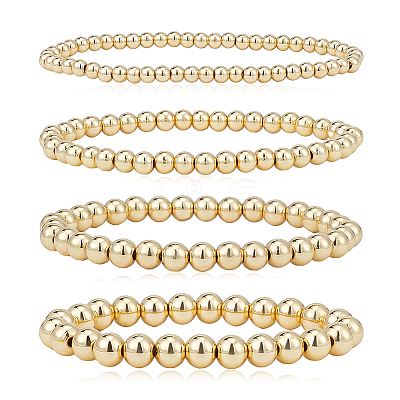 4Pcs 4 Size Brass Round Beaded Stretch Bracelets Set for Women BJEW-AN0001-07-1