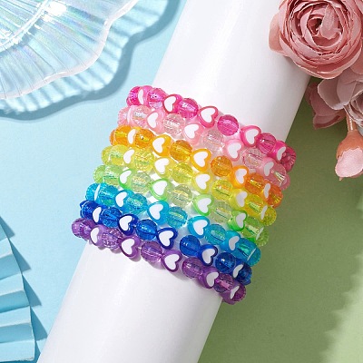 8Pcs 8mm Faceted Round & Heart Acrylic Beaded Stretch Bracelet Sets BJEW-JB10240-02-1