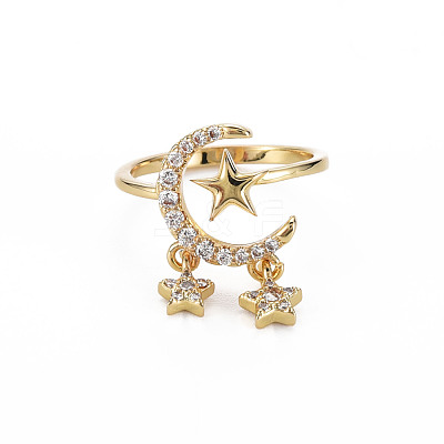 Clear Cubic Zirconia Moon & Star Cuff Ring RJEW-N035-072-NF-1