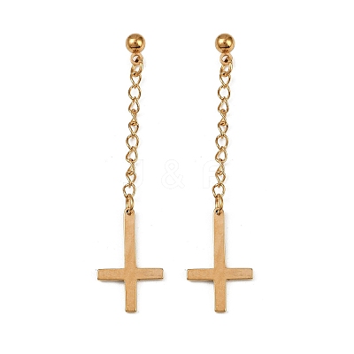Christian Upside Down Cross 201 Stainless Steel Dangle Stud Earrings EJEW-P314-01B-G-1
