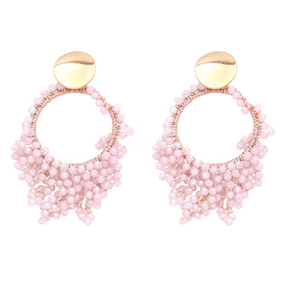 Flat Round Brass Glass Bead Dangle Stud Earrings FS-WG04037-05-1