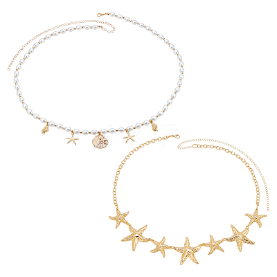 2Pcs 2 Styles Alloy Shell Shape Starfish Charms Plastic Pearl Rice Beaded Waist Belly Chains for Sexy Bikini AJEW-OC0015-31-1