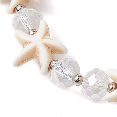 Summer Beach Starfish Dyed Synthetic Turquoise & Faceted Glass Beaded Stretch Bracelets for Women Men BJEW-JB10454-01-1