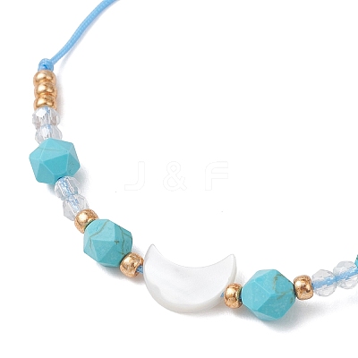 Synthetic Turquoise & Natural Freshwater Shell Moon Charm Bracelets BJEW-MZ00303-01-1