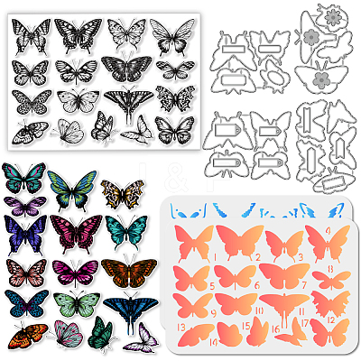 4Pcs Butterfly Carbon Steel Cutting Dies Stencils with PET Hollow Out Drawing Painting Stencils Sets & 1Pc PVC Plastic Stamps DIY-GL0004-149-1