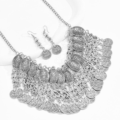 Alloy Coin Tassel Pendant Necklaces & Dangle Earrings Sets FS-WG2882A-02-1