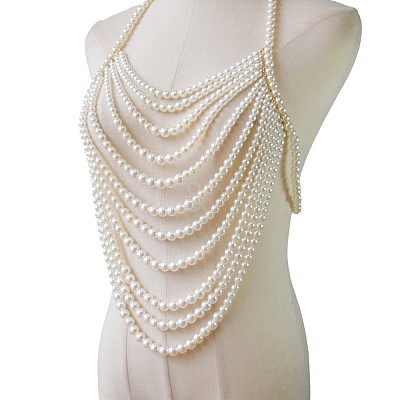 Plastic Imitation Pearl Round Beaded Multi-Layer Sexy Bikini Chest Body Chains WG29523-01-1