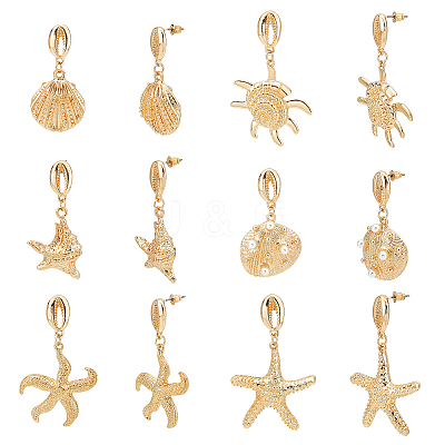 6 Pairs 3 Style Shell & Starfish Steel Asymmetrical Earrings with ABS Imitation Pearl Beaded EJEW-PH0001-15-1