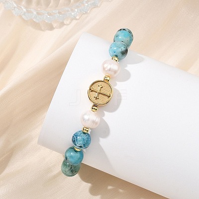 Natural Gemstone Hemimorphite & Cultured Freshwater Pearl & Brass Beads Stretch Bracelets for Women BJEW-JB13796-1