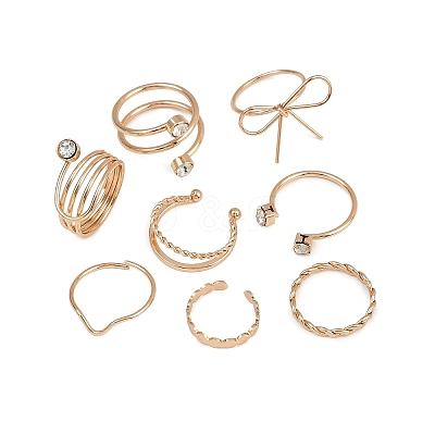 8Pcs Brass Rhinestone Finger Cuff Rings Set RJEW-P157-01G-1