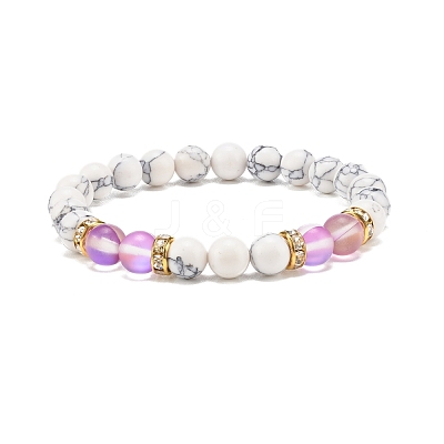 Synthetic Moonstone & Howlite Round Beaded Stretch Bracelet BJEW-JB07878-1