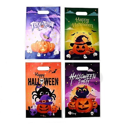 50Pcs 4 Styles Halloween Pumpkin Printed OPP Cellophane Packaging Bags with Die Hole Handles ABAG-C013-07-1