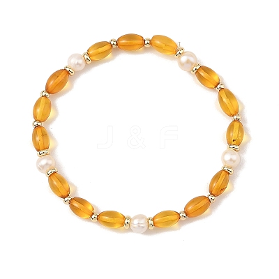 Oval Natural Baltic Amber & Natural Cultured Freshwater Pearl & Brass Beaded Stretch Bracelets for Women BJEW-JB14171-1