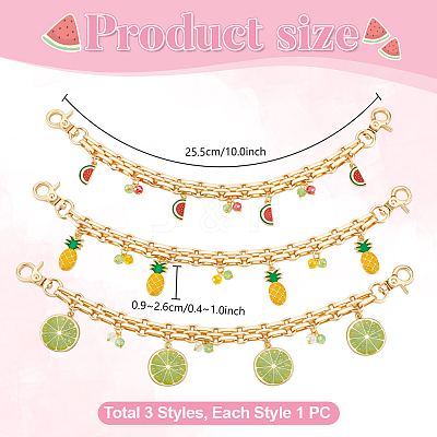 3Pcs 3 Styles Alloy Enamel Fruit Charm Iron Bag Decorative Chains HJEW-PH02185-1