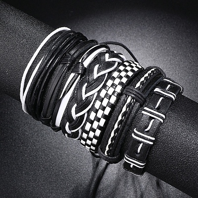 6Pcs 6 Style Adjustable Braided Imitation Leather Cord Bracelet Set with Waxed Cord for Men BJEW-F458-06-1