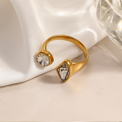 304 Stainless Steel Cubic Zirconia Cuff Open Ring for Women CU-CBACD1D-01G-01-1