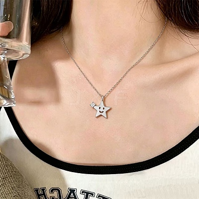 Brass Pave Clear Cubic Zirconia Smiling Face Star Pendant Necklaces KK-CBA6599-04A-P-1