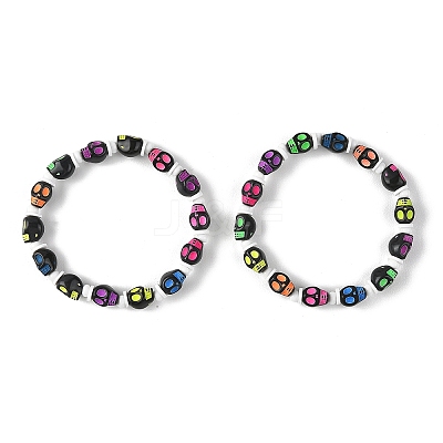 Halloween Skull Acrylic Beaded Stretch Bracelets BJEW-JB14347-02-1