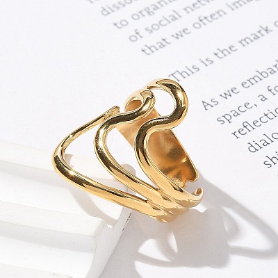 304 Stainless Steel Wave Multilayer Open Cuff Rings for Women RJEW-Z077-01G-03-1