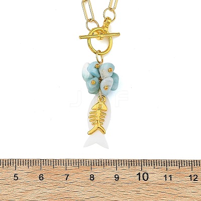 Ocean Natural Larimar & Whtie Shell Fish Pendant Brass Paperclip Chain Necklaces with OT Clasps for Women NJEW-JN06475-1
