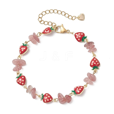 Natural Strawberry Quartz Chip Beads & Brass Enamel Link Chains Bracelets for Women BJEW-JB13149-1