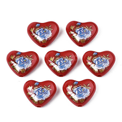Flower Printed Opaque Acrylic Heart Beads SACR-S305-28-I02-1