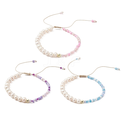 3Pcs 3 Color Glass Seed & Natural Pearl Braided Bead Bracelets Set BJEW-JB09572-1