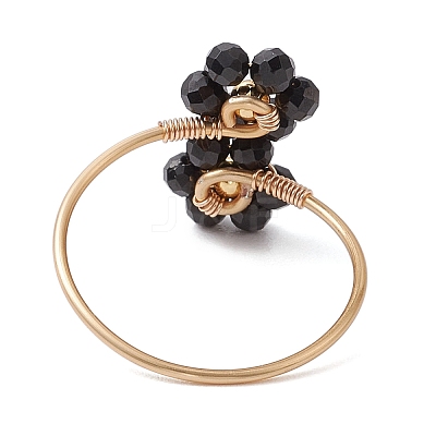 Flower Natural Rainbow Moonstone & Black Spinel Finger Rings RJEW-JR00777-1