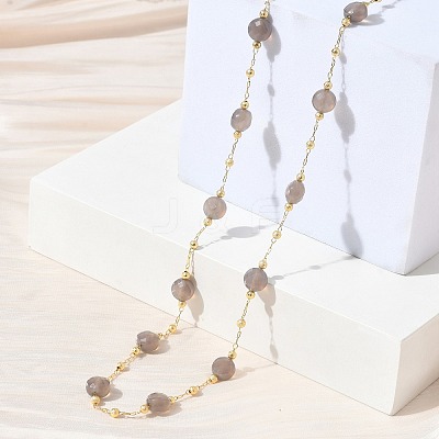 Natural Grey Agate Faceted Flat Round Beaded Chain Necklaces with Matte Brass Beads GG-CBA37F5-01G-12-1