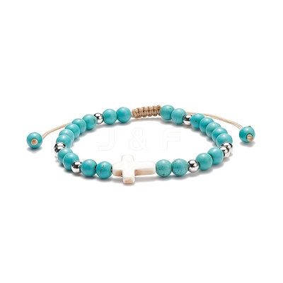 Synthetic Turquoise(Dyed) Braided Bead Bracelet with Synthetic Magnesite Cross BJEW-TA00146-02-1