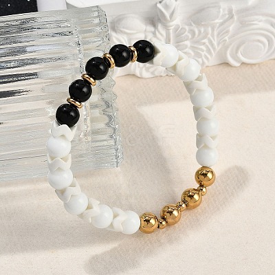Ion Plating(IP) 304 Stainless Steel & Round Glass Beaded Stretch Bracelets for Women Men BJEW-M046-04G-1