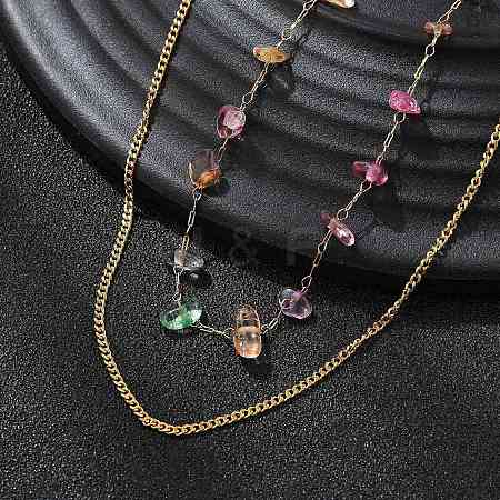 304 Stainless Steel & Natural Mixed Stone Colorful Chip Double Layer Necklaces for Women NJEW-Z061-06G-01-1