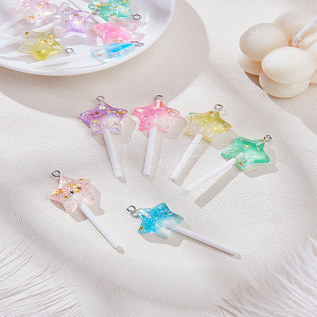 12Pcs 6 Colors Sparkling Plastic Star Lollipop Pendants KY-LP0001-35-1