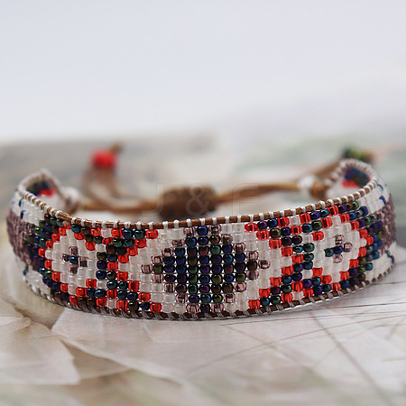 Bohemian Style Rhombus Pattern Glass Seed Beaded Braided Bead Bracelets WG1D303-05-1