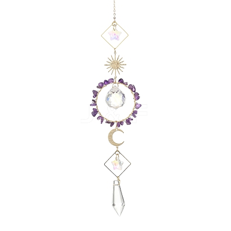 Sun Moon Ring Brass & Natural Amethyst Chip Suncatcher HJEW-JM05027-04-1