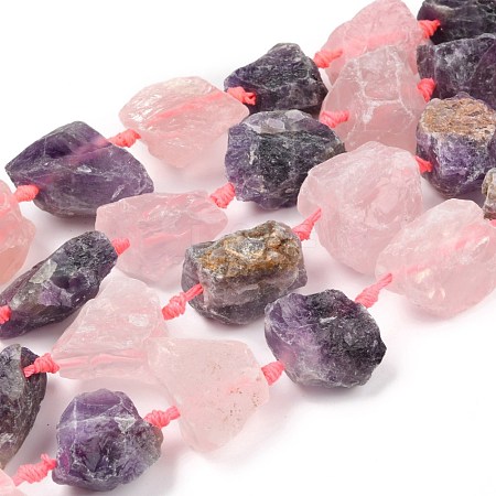 Rough Raw Natural Amethyst and Rose Quartz Beads Strands G-F595-I04-1