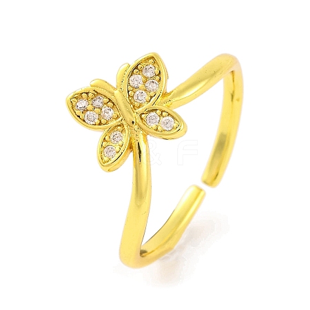 Butterfly Brass Micro Pave Clear Cubic Zirconia Open Cuff Rings for Women RJEW-U003-07G-1