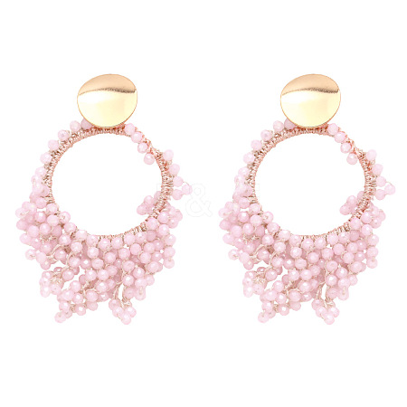 Flat Round Brass Glass Bead Dangle Stud Earrings FS-WG04037-05-1