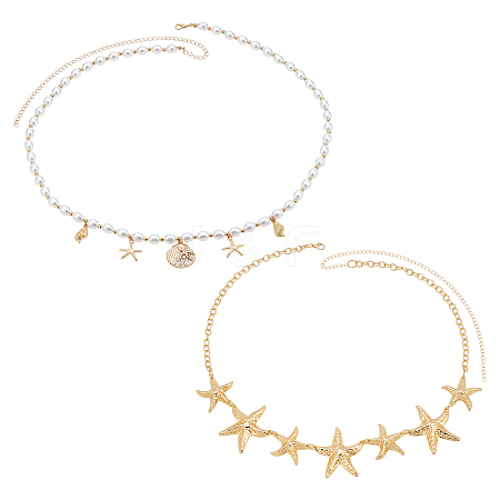 2Pcs 2 Styles Alloy Shell Shape Starfish Charms Plastic Pearl Rice Beaded Waist Belly Chains for Sexy Bikini AJEW-OC0015-31-1