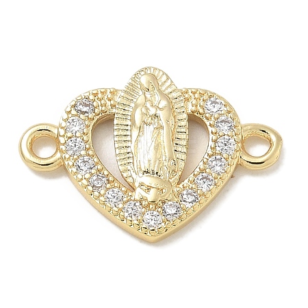 Rack Plating Brass Micro Pave Clear Cubic Zirconia Religion Heart Virgin Mary Connector Charms KK-L224-099G-04-1