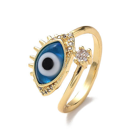 Lampwork Evil Eye Open Cuff Ring with Clear Cubic Zirconia RJEW-L104-05G-03-1