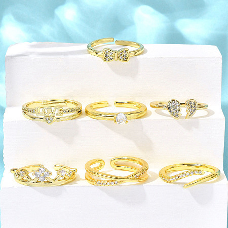 7Pcs 7 Styles Valentine's Day Goddess Series Brass Micro Pave Clear Cubic Zirconia Cuff Rings for Women RJEW-S399-16G-1