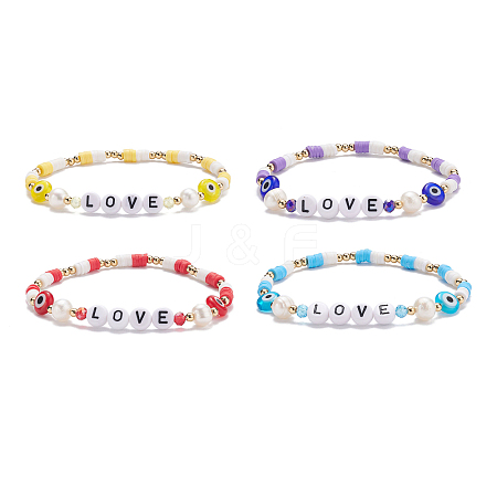 Love Word Acrylic & Heishi Polymer Clay Beaded Stretch Bracelet Sets BJEW-TA00069-1