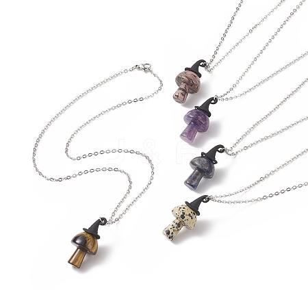 5Pcs 5 Style Natural Mixed Gemstone Mushroom with Witch Hat Pendant Necklaces Set NJEW-JN04198-1