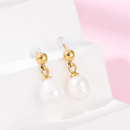 304 Stainless Steel Natural Freshwater Pearl Dangle Stud Earrings EJEW-G423-20G-1