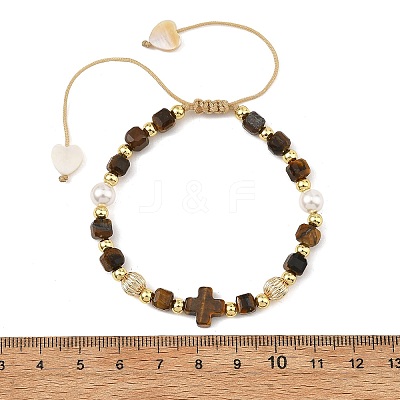 Natural Tiger Eye Faceted Cube Braided Bead Bracelets BJEW-JB14379-02-1